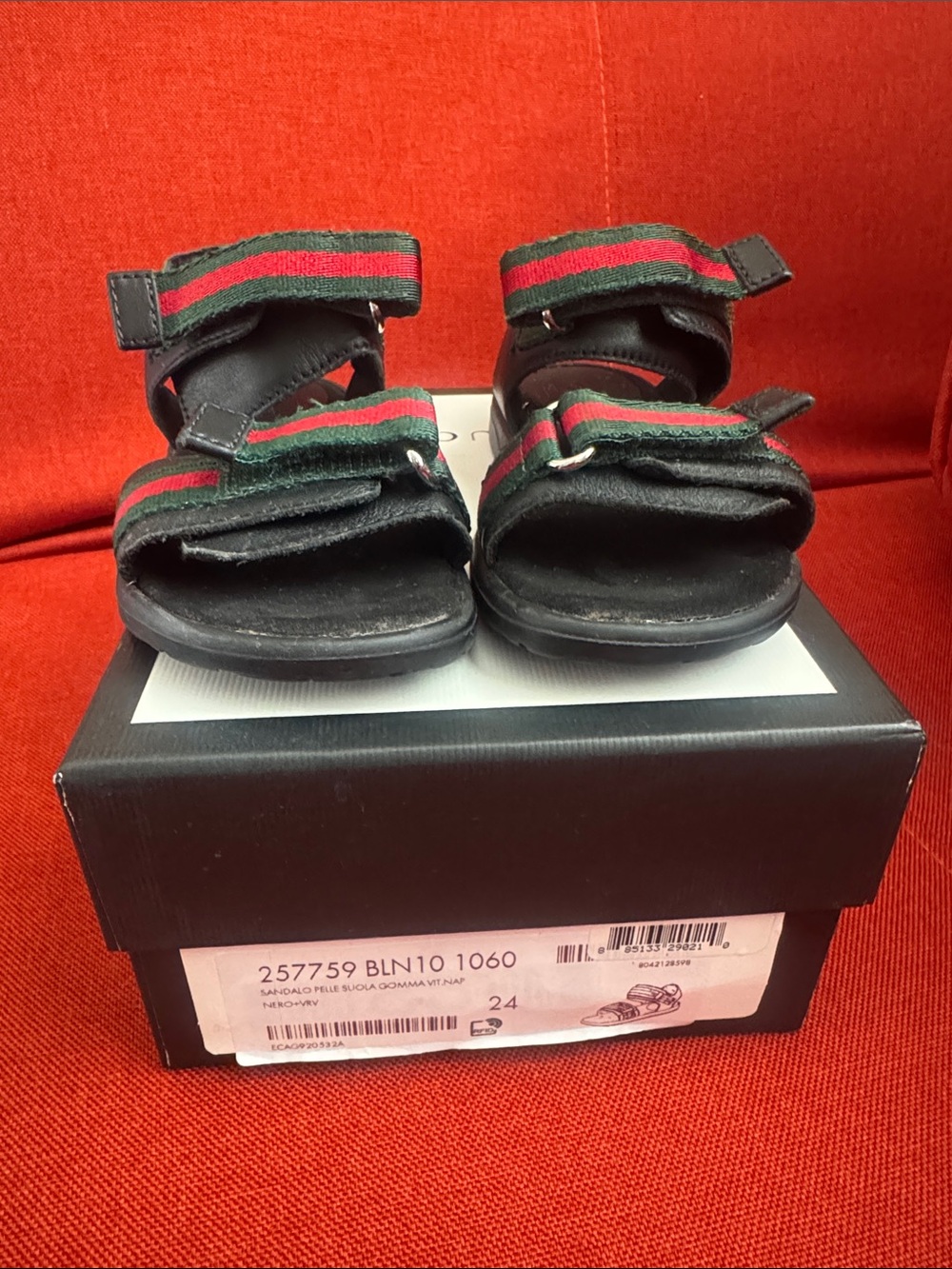 Gucci Black Kids Sandals with Green and Red Stripes